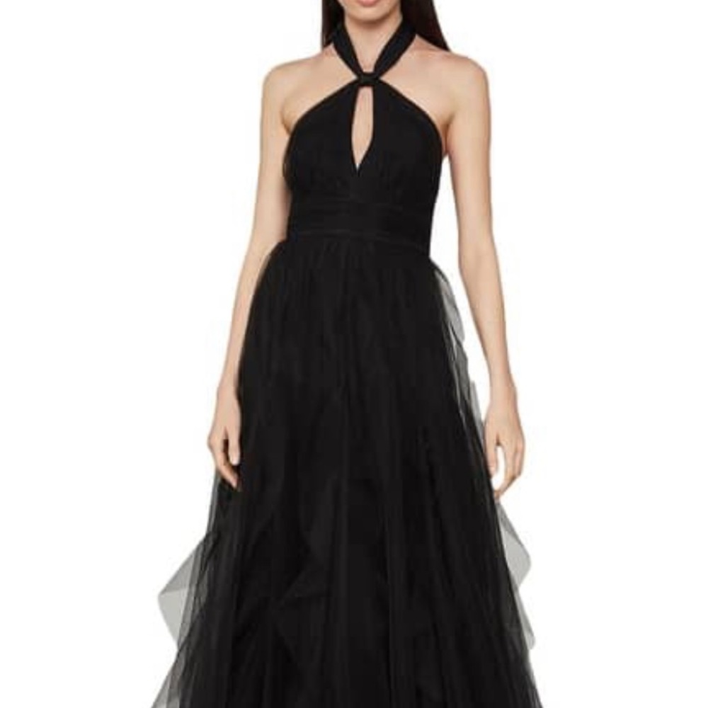 BCBG Max Azria Women's Tulle Tie-Neck Sleeveless A-Line Keyhole Gown- Size 8
